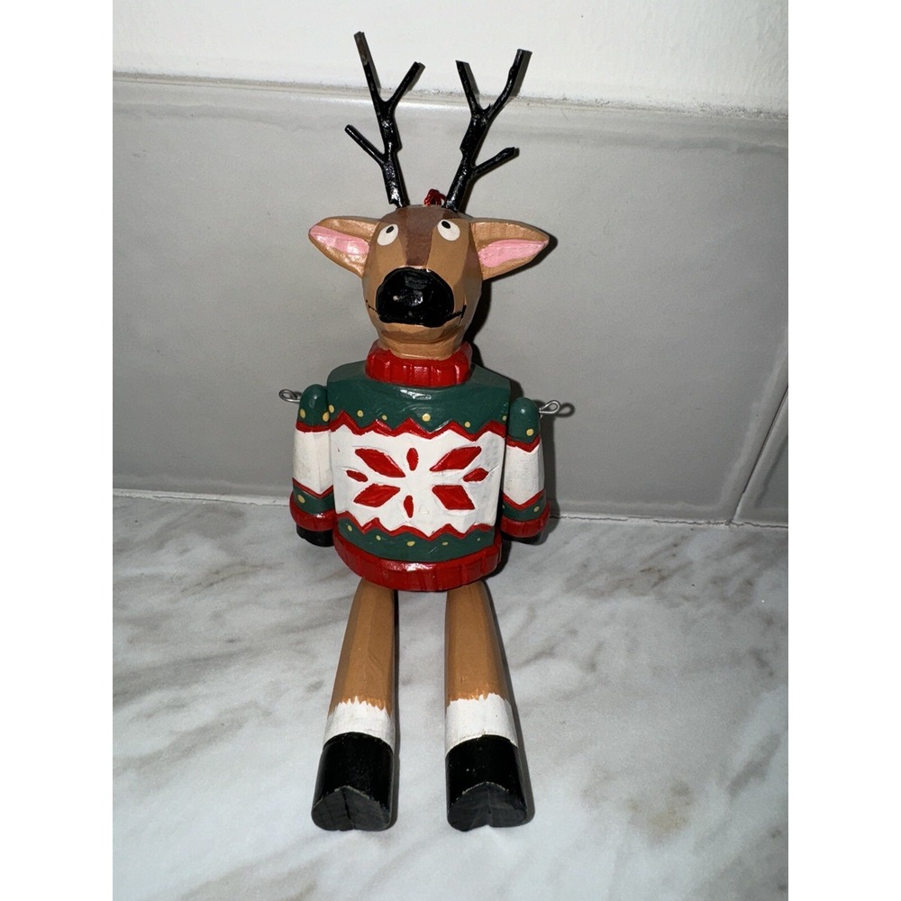 Wooden Reindeer In Holiday Sweater Christmas Ornament With Dangle Legs - Picture 2 of 3